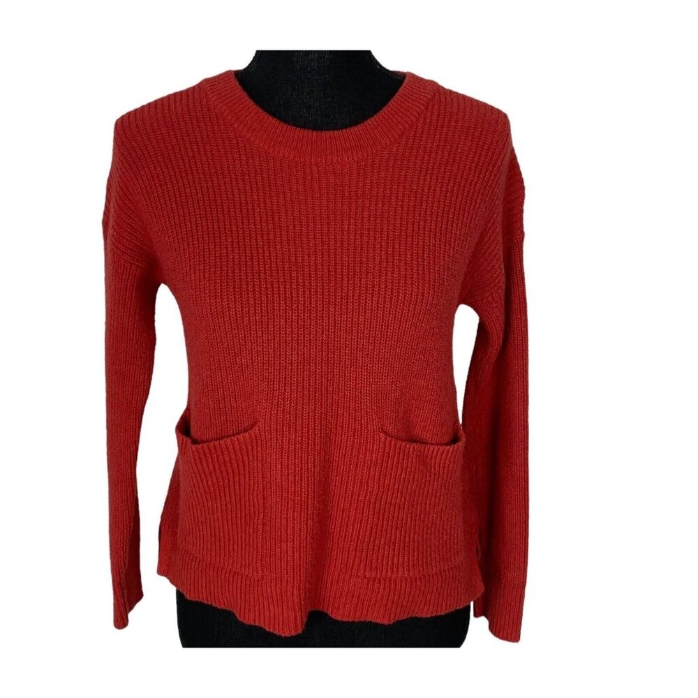 MADEWELL Women Ribbed Sweater Long Sleeve Crew Neck Pockets Sz XXS Orange 10-4